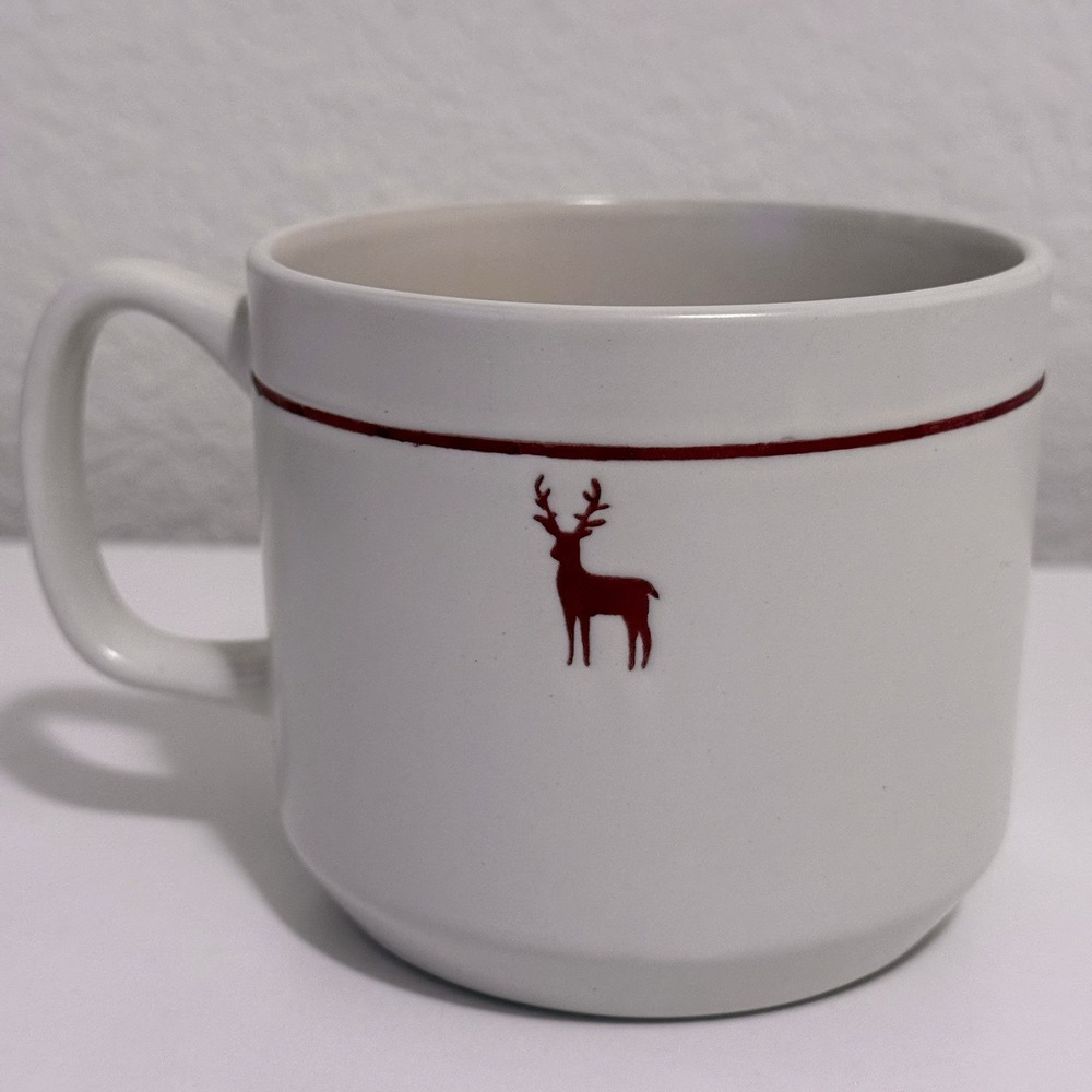 Crate & Barrel Coffee Holiday Christmas Mug White Red Deer 16 oz Stoneware